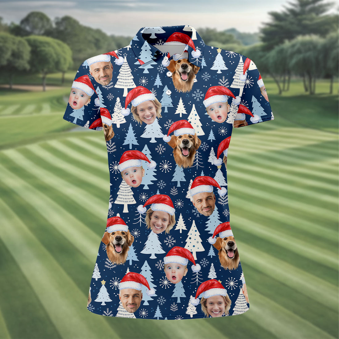 Custom Face Pine Tree Pattern White And Navy Christmas Golf Shirt, Ladies Golf Shirts, Golf Gifts For Women