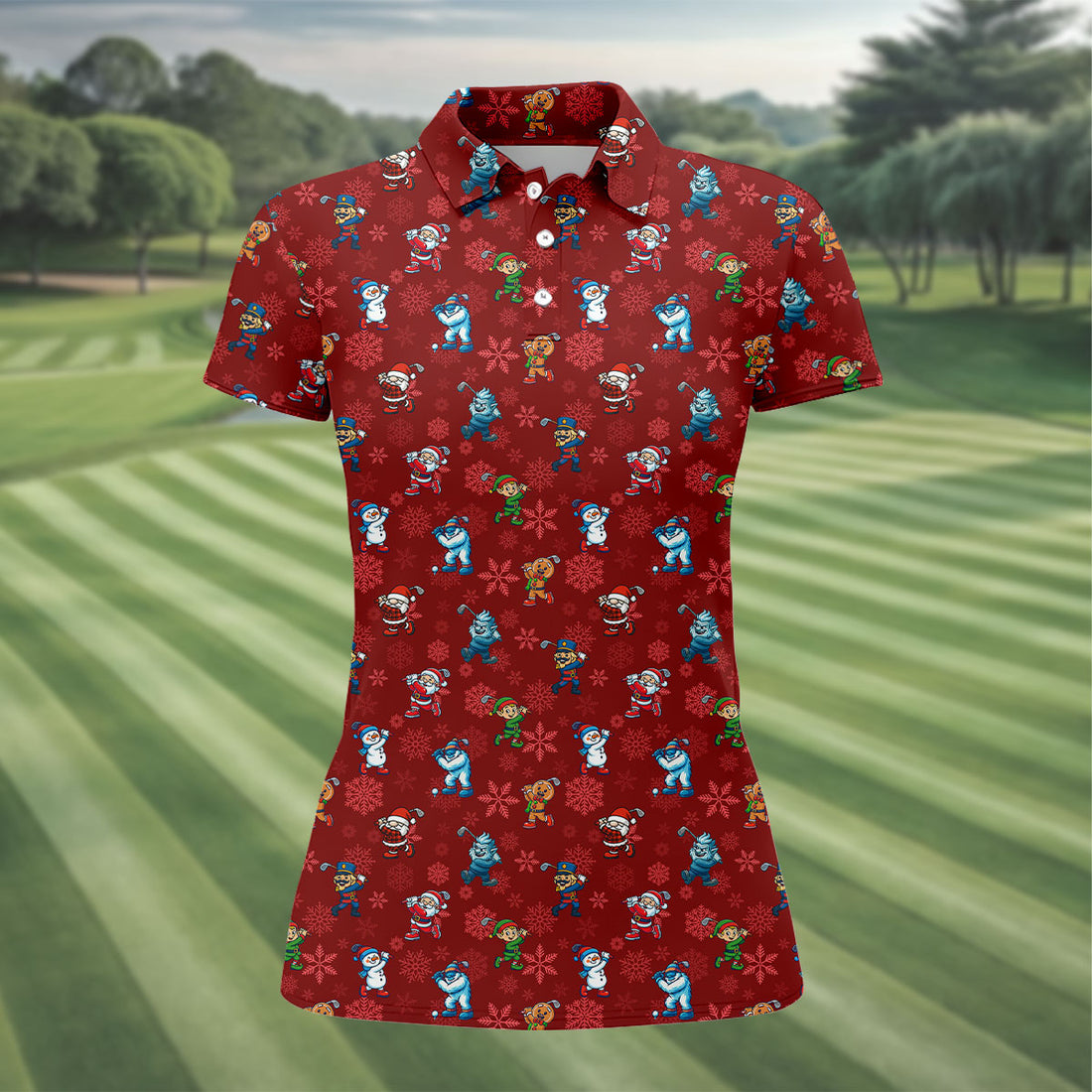 Funny Christmas Characters Golf Pose Red Golf Shirt, Christmas Golf Shirt, Ladies Golf Shirts, Women's Polo Shirt