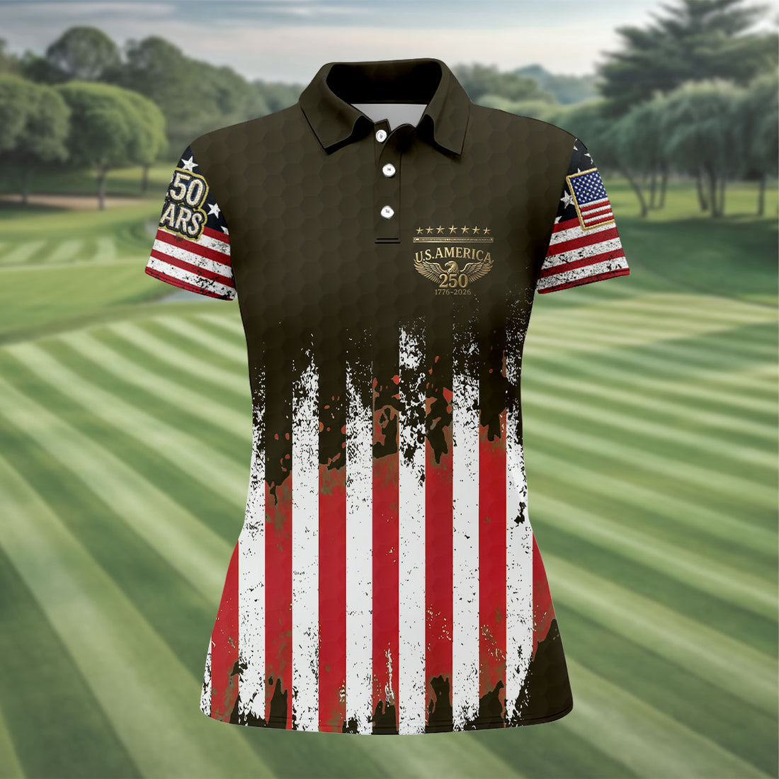 US Bald Eagle Golf Ball Pattern Distressed American Flag Women Golf Top, 250th Anniversary 4th Of July Golf Shirt