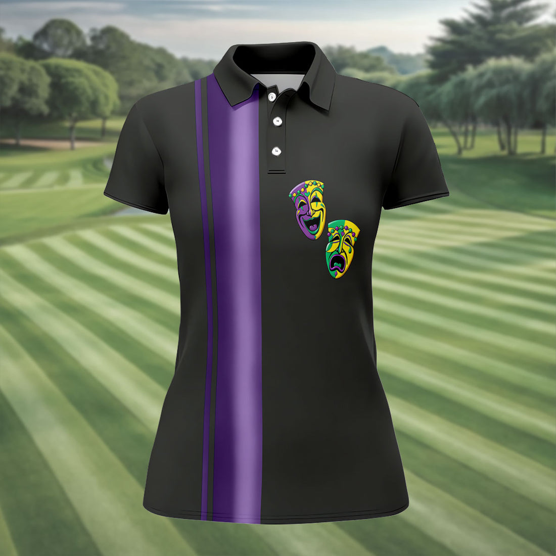 Melpomene And Thalia Theatrical Masks Purple Stripe Mardi Gras Golf Shirt, Women's Golf Tops, Ladies Golf Shirt