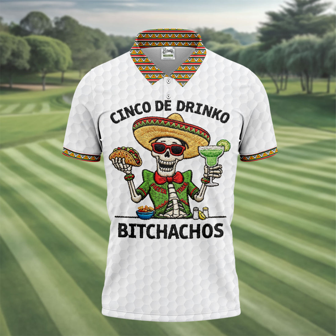 Skeleton Holding Taco And Margarita Hawaiian Golf Polo, Golf Tops For Men, Golfing Apparel