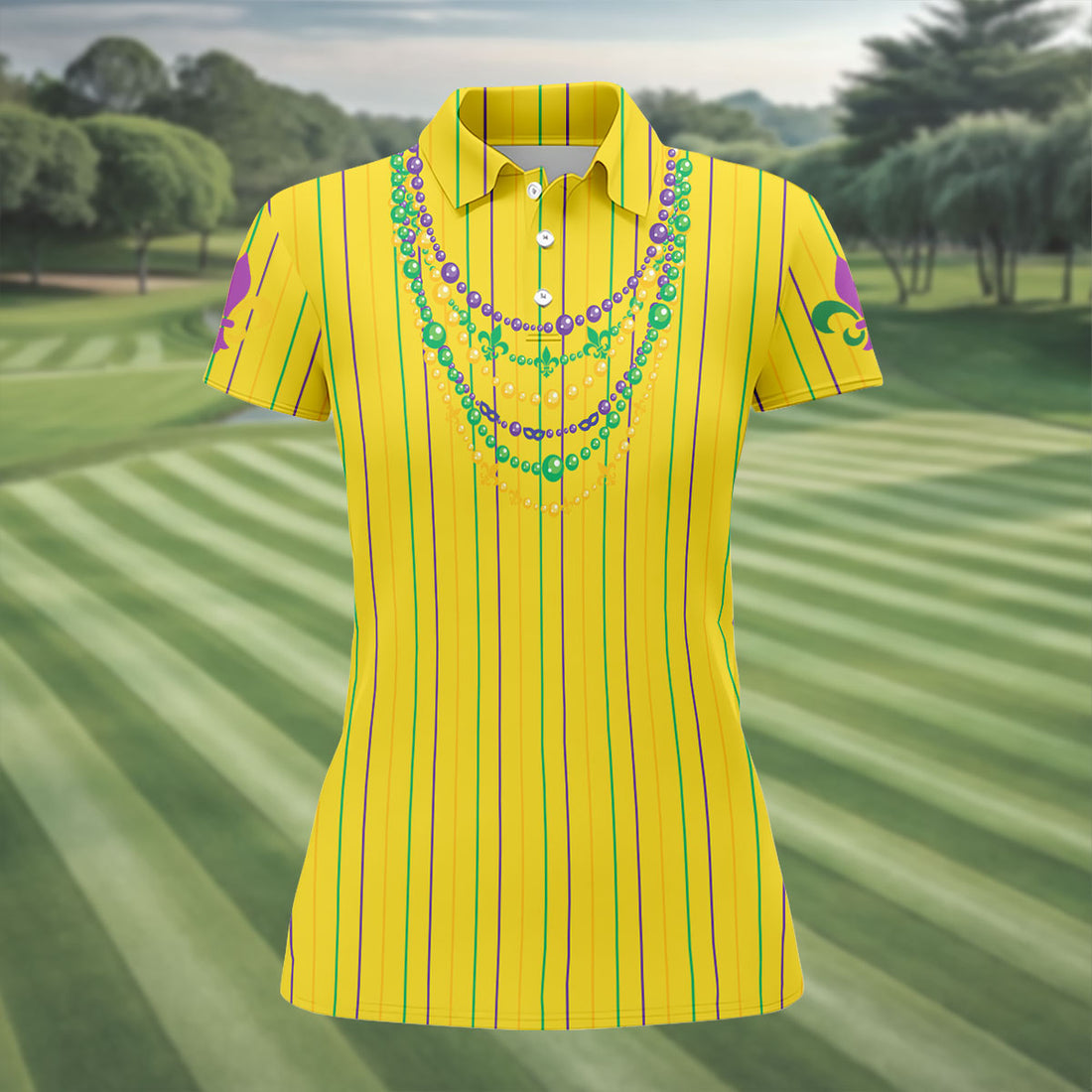 Mardi Gras Beads Necklaces Print Yellow Golf Shirt, Women's Golf Shirts, Ladies Golf Polos, Golf Shirt For Women