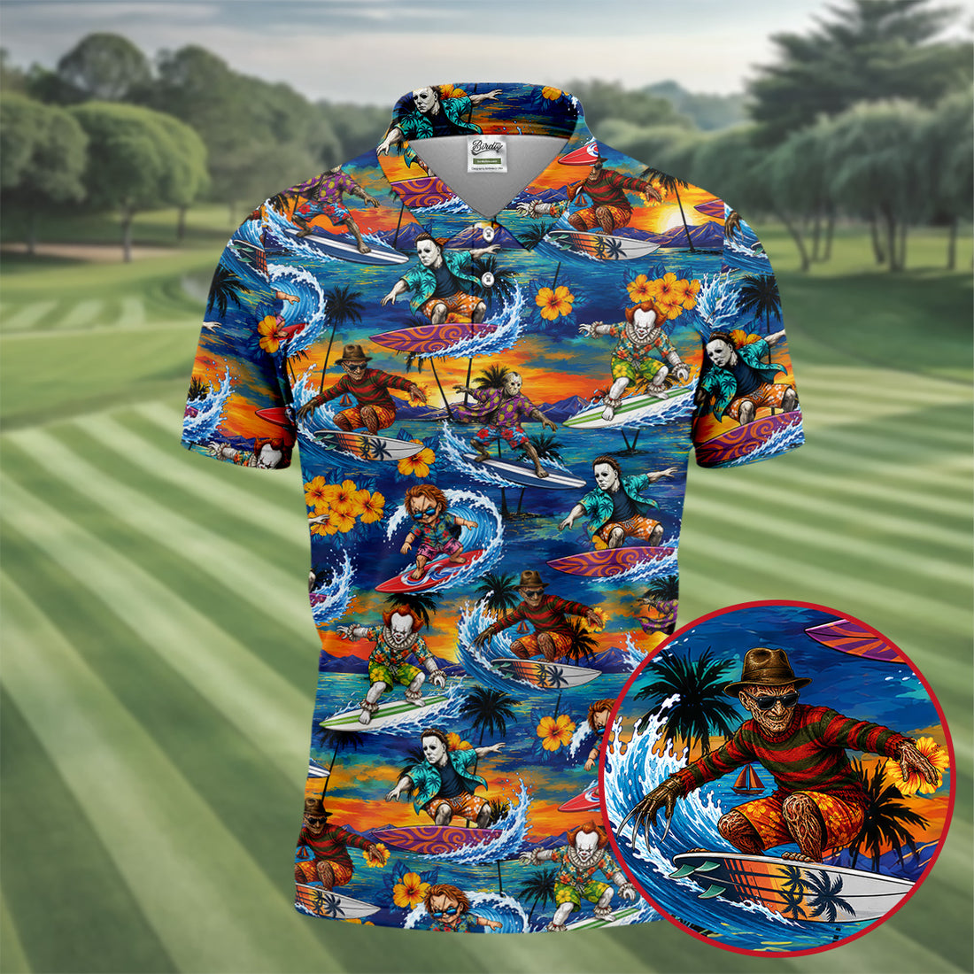 Retro Horror Character Villains Surfing Sunset Waves Golf Polo Shirt, Mens Golf Polo, Printed Golf Shirts