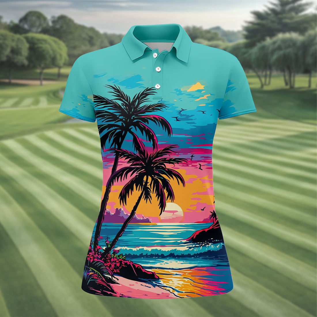 Tropical Sunset Palm Tree Hawaiian Golf Shirt, Ladies Golf Shirt, Womens Golf Tops