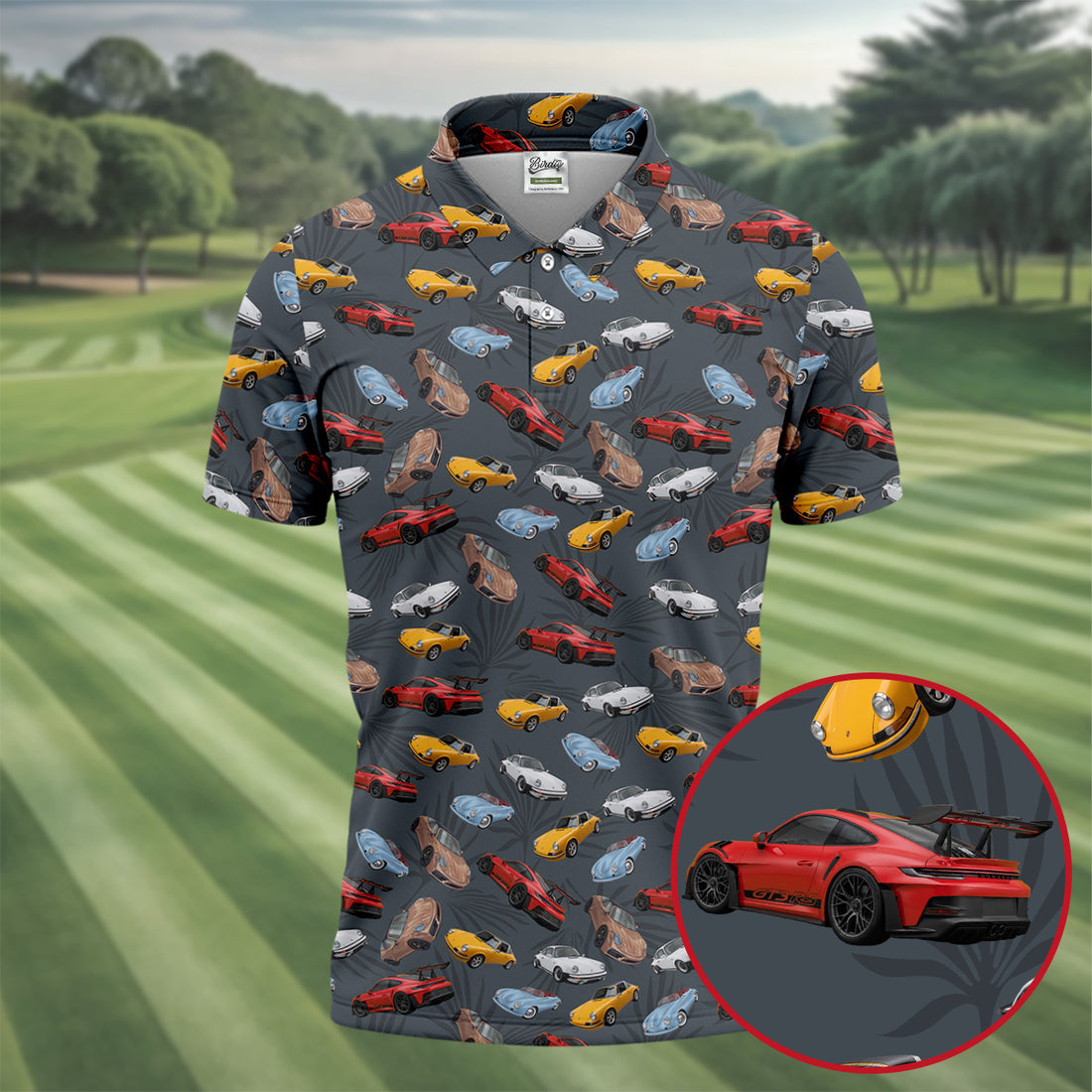 Charcoal Vintage Sports Car Pattern Golf Polo Shirt, Men's Golf Shirt, Golf Polo Shirts For Men