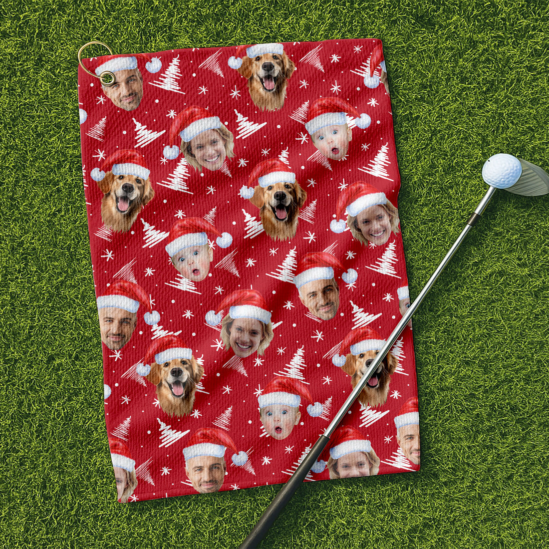 Custom Face Snow Pine Tree Red Golf Towels, Christmas Golf Gift, Custom Golf Accessories