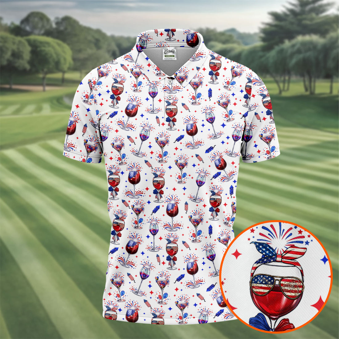 Wine And Martini American Flag Pattern Patriotic 4th Of July White Golf Shirt, 250th Anniversary Golf Shirts For Men