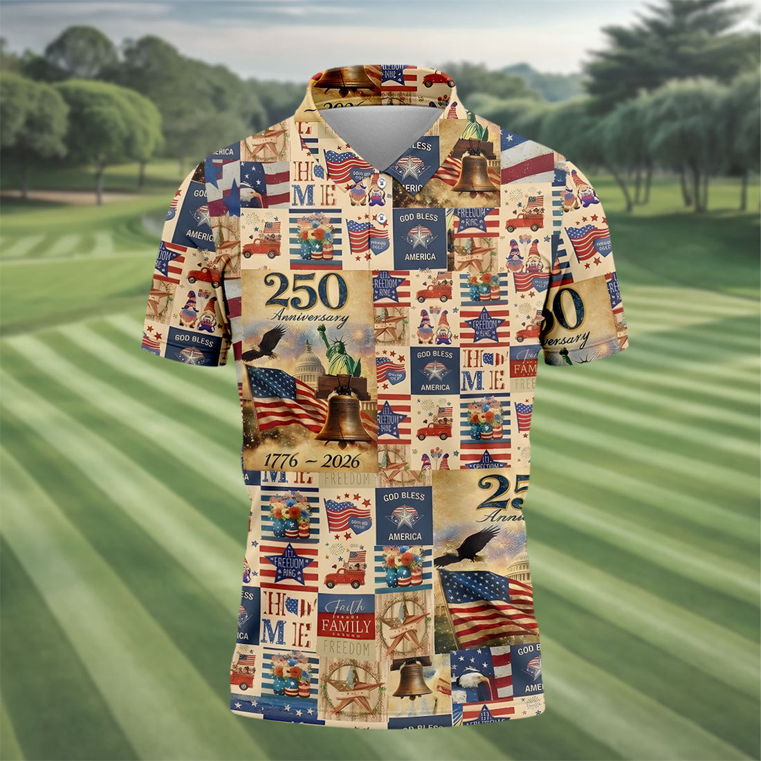 God Bless America Celebrating 250 Retro Golf Shirt, Patriotic 4th Of July Golf Shirts For Men