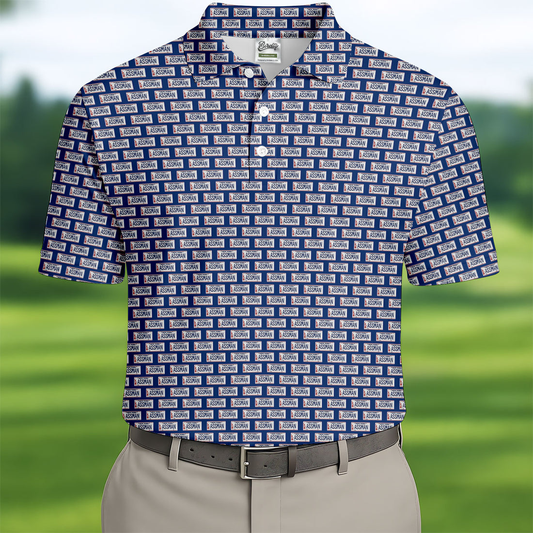 Blue New York Assman Pattern Polo Shirt, Mens Golf Polo, Golf Apparel For Men