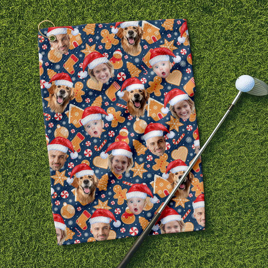 Custom Face Christmas Sweets Navy Golf Towel, Christmas Golf Gift, Golf Gift Idea