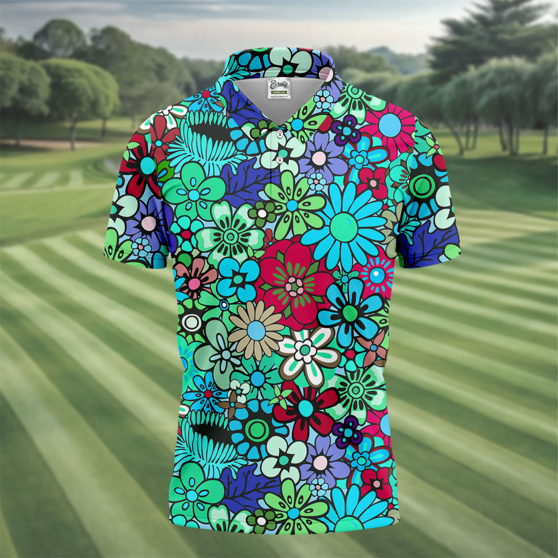 Blue Green Retro Flower Power Golf Shirt, Mens Golf Shirts, Hawaiian Golf Shirt, Golf Shirts For Men