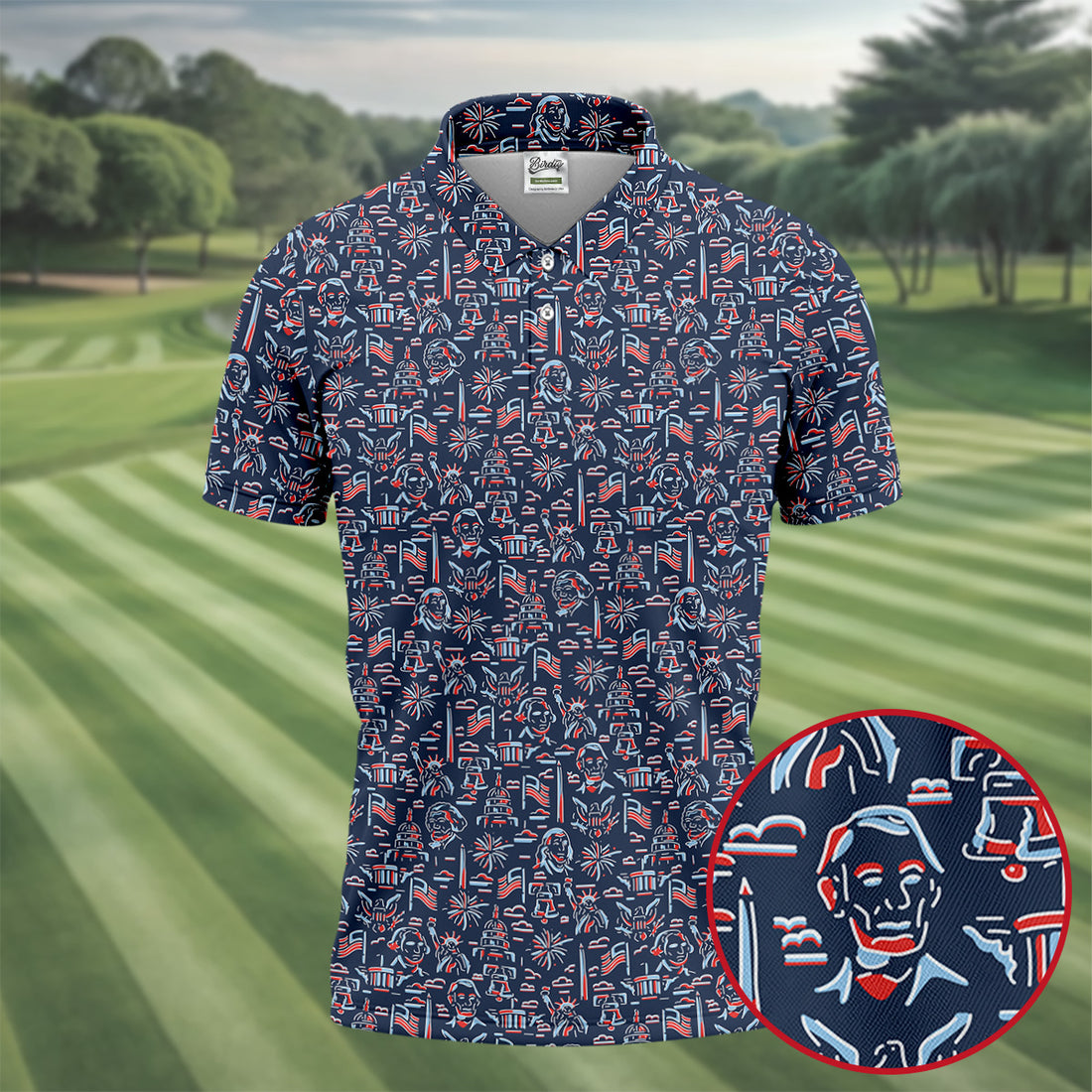 Red White Blue Outlined Patriotic American 250th Anniversary Navy Golf Shirt, 4th Of July Golf Shirts For Men