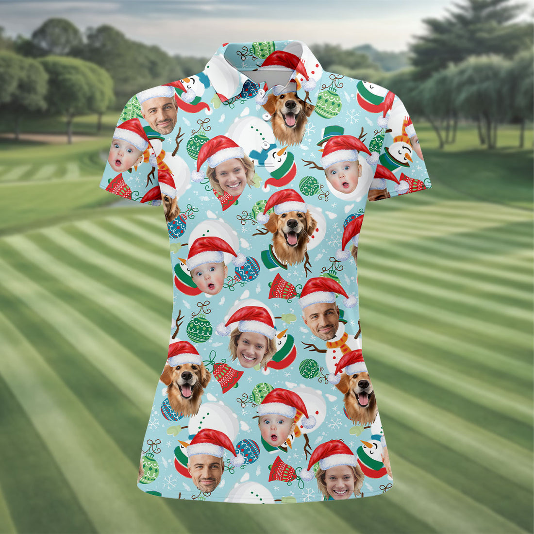 Custom Face Joyful Christmas Icy Blue Christmas Golf Shirt, Ladies Golf Tops, Golf Gifts For Women