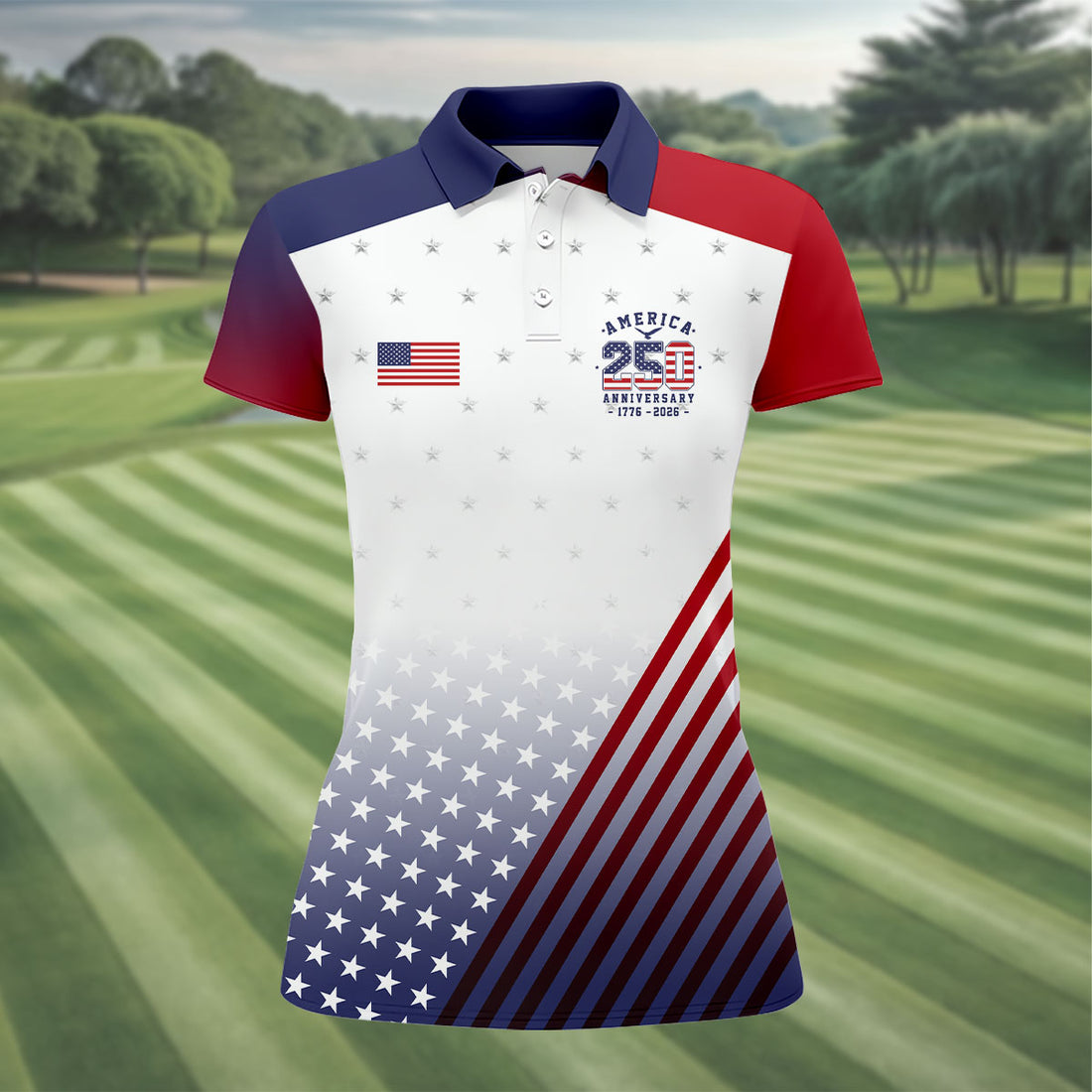 America 250 Anniversary 1776-2026 Flag Logo Golf Shirt For Women, Patriotic 4th Of July Golf Shirt