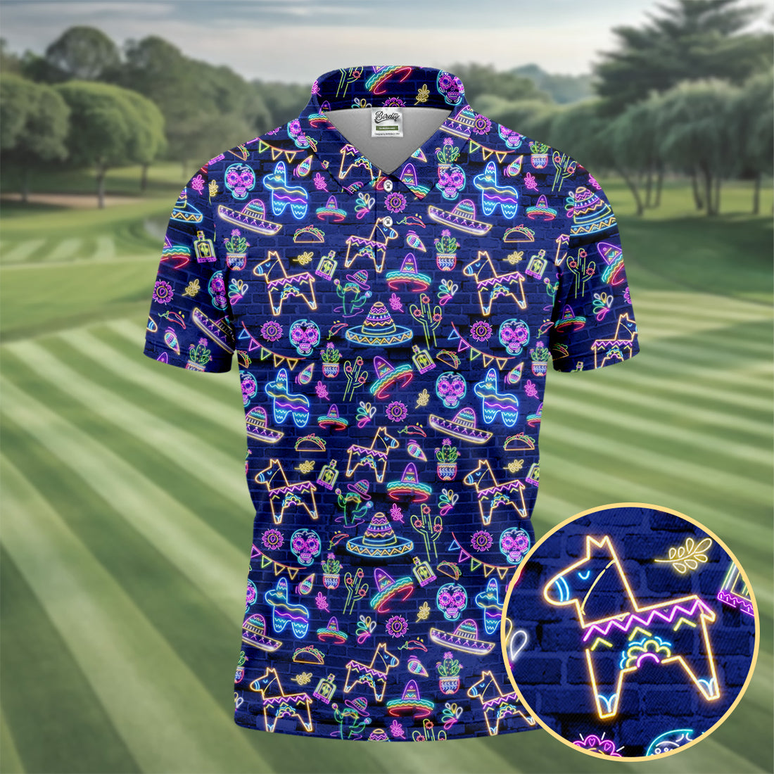 Mexican Holiday Symbols Neon Pattern Cinco De Mayo Celebration Fiesta Themed Golf Shirts For Men