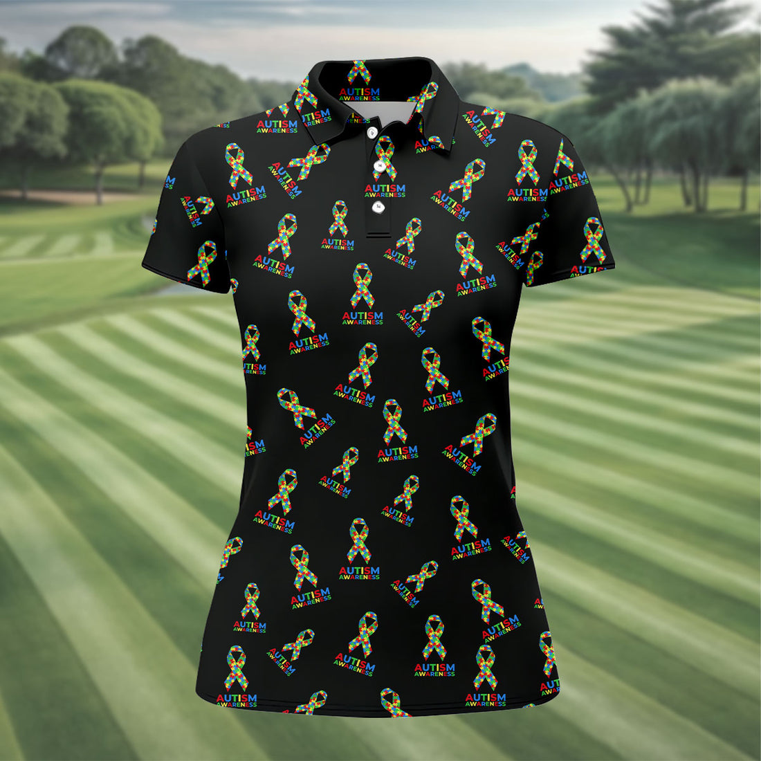 Autism Awareness Colors Autism Ribbon Black Golf Shirt, Women's Golf Tops, Ladies Golf Polos