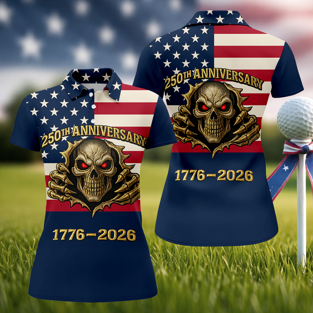 Patriotic American Flag Cool Skull 250th Anniversary Women's Golf Tops, Ladies Golf Shirts, Golf Gift For Ladies