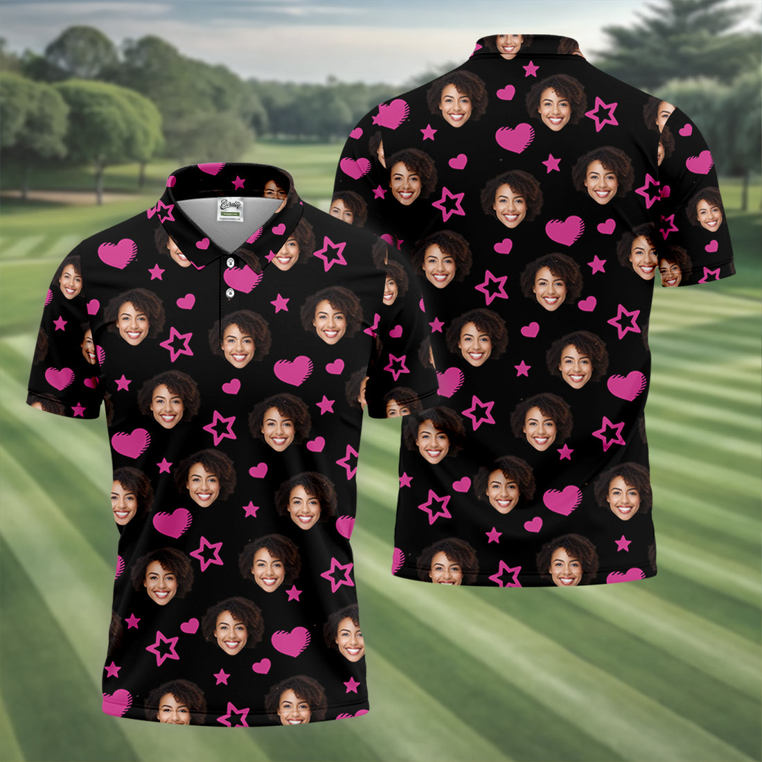 Custom Face Heart And Star Black Golf Shirt, Valentines Golf Gift, Polo Shirts For Men, Golf Shirts For Men