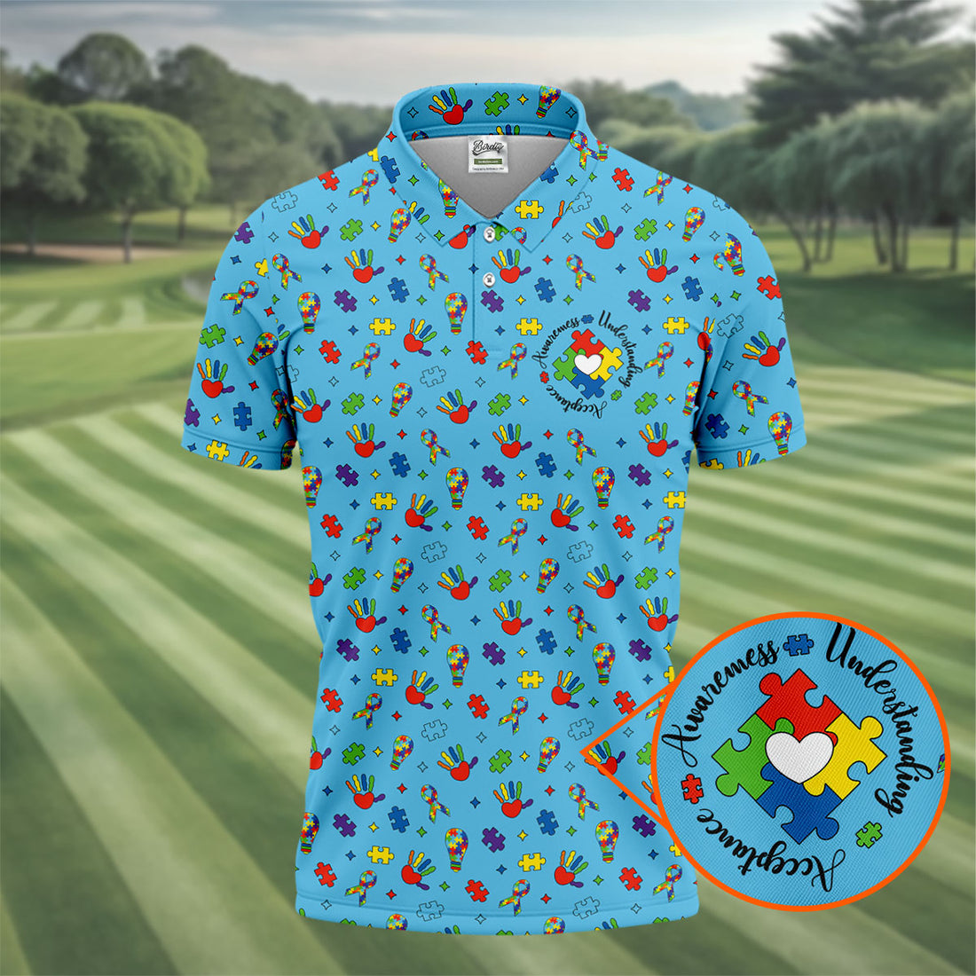 Awareness Understanding Acceptance Autism Ribbon Blue Golf Shirt, Autism Awareness Colors Golf Shirts For Men