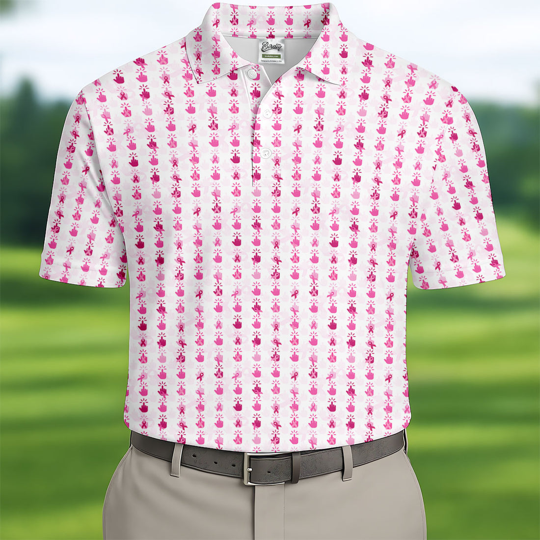 Pink Ribbon Finger Touch Breast Cancer Polo Shirt, Mens Golf Polo, Golf Apparel For Men