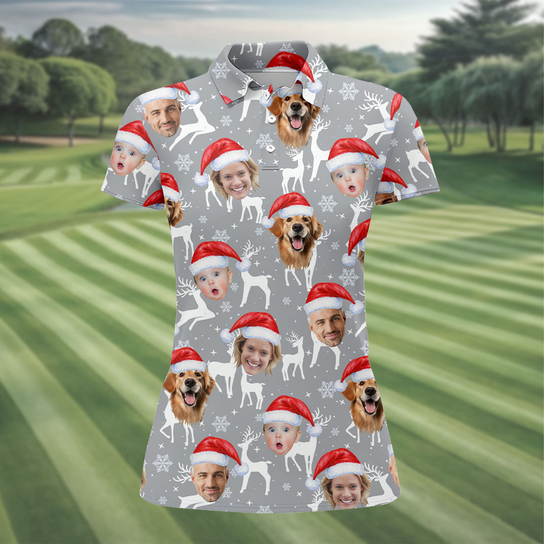 Custom Face Snow Reindeer Grey Golf Shirt, Christmas Golf Shirt, Ladies Golf Shirts, Golf Gifts For Women
