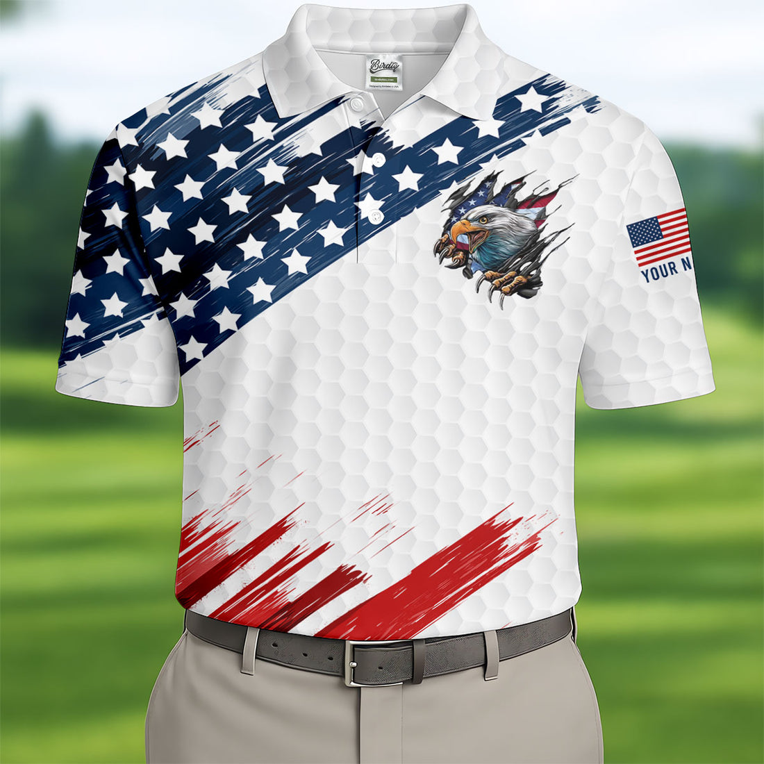 American Flag Brush Stroke Eagle Men's 250 Years USA Patriotic Golf Shirt, 4th of July Golf Shirt