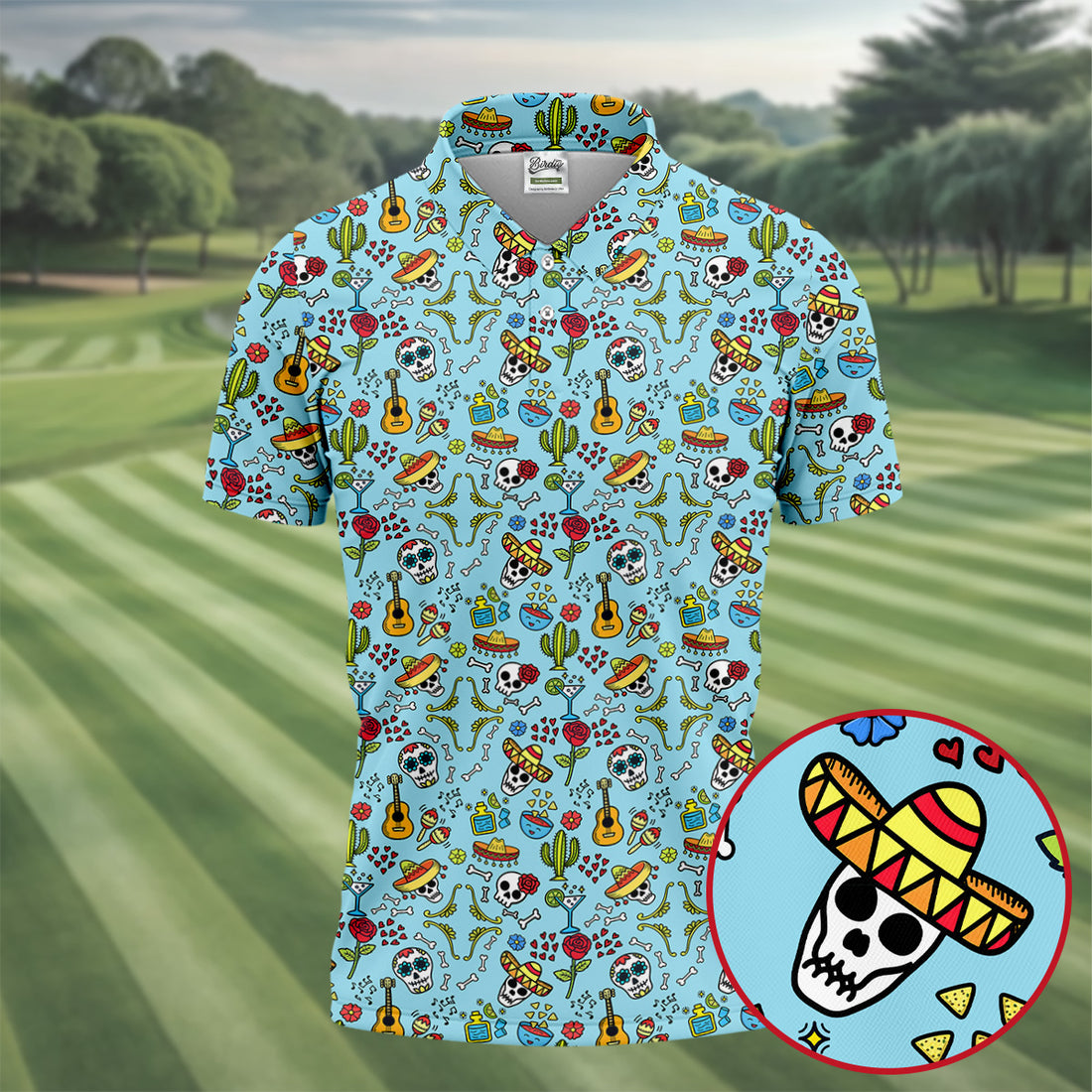 Mexican Sugar Skull Sombrero Guitar Cinco De Mayo Celebration Fiesta Themed Golf Shirts For Men