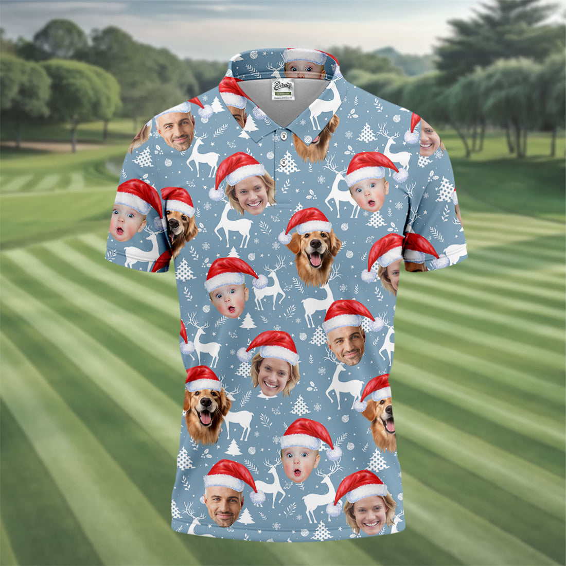 Custom Face Reindeer Pattern Ice Blue Christmas Golf Shirt, Polo Shirts For Men, Golf Gift For Men