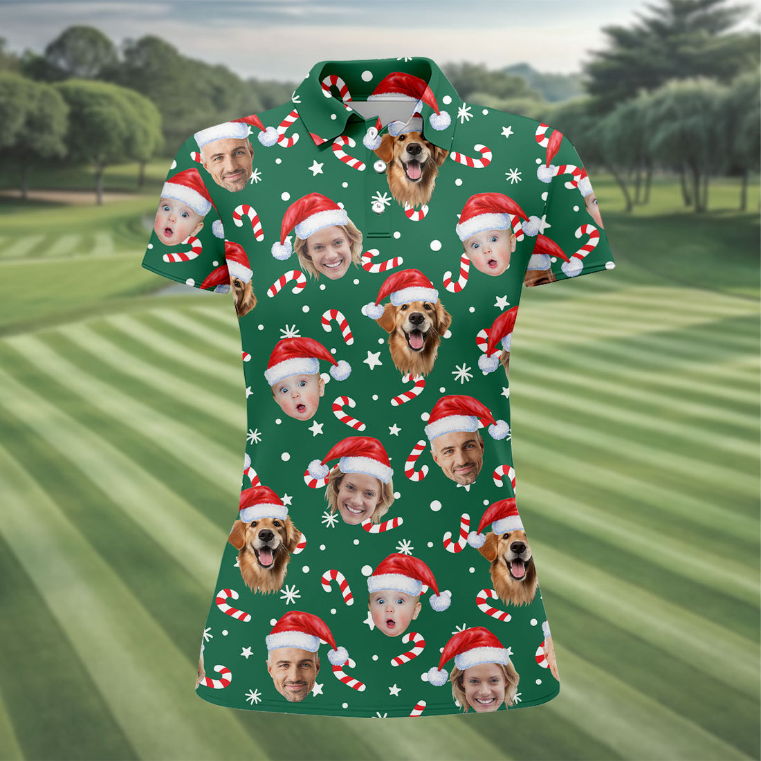 Custom Face Candy Cane Pattern Green Golf Shirt, Christmas Golf Shirt, Women's Golf Tops, Ladies Golf Shirts