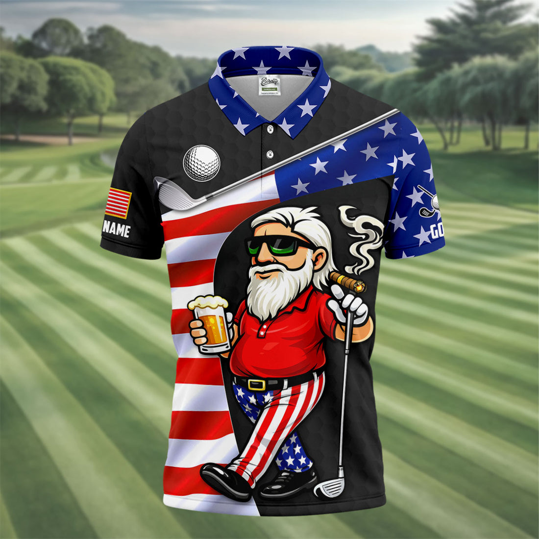 Golf And Beer Patriotic Man Golf Ball Pattern 4th Of July Black Golf Shirt, 250th Anniversary Golf Shirts For Men