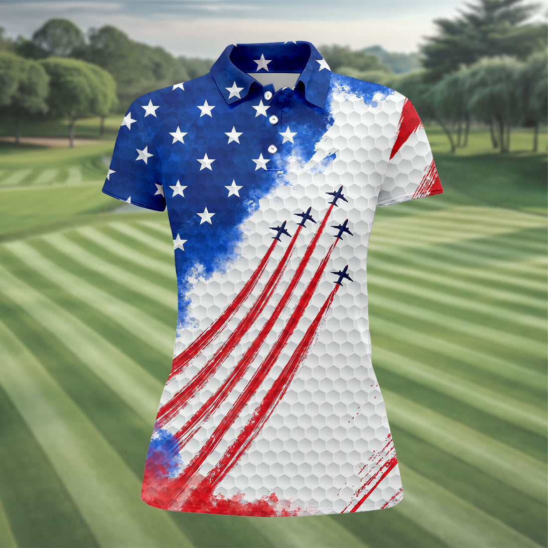 Patriotic Fighter Jet Women's Polo Shirt, American Flag Golf Shirt with Blue Angels Jet Trails, 4th of July USA Veteran Gift Lady Polo