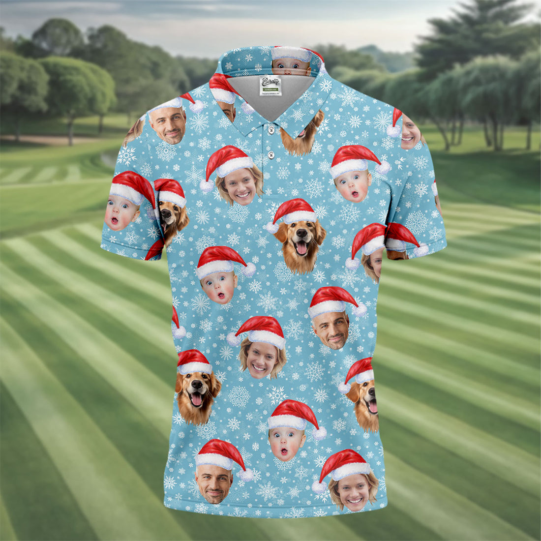 Custom Face Snowflakes Print Ice Blue Christmas Golf Shirt, Golf Gift For Men, Golf Shirts For Men