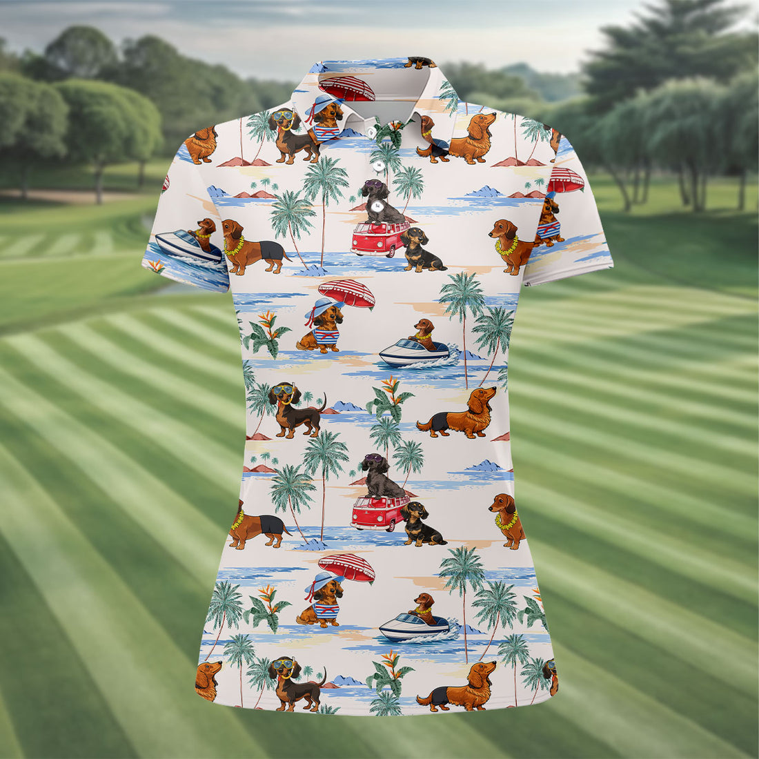 Tropical Dachshund Beach Pattern Hawaiian Golf Polo, Golf Tops For Women, Golfing Apparel