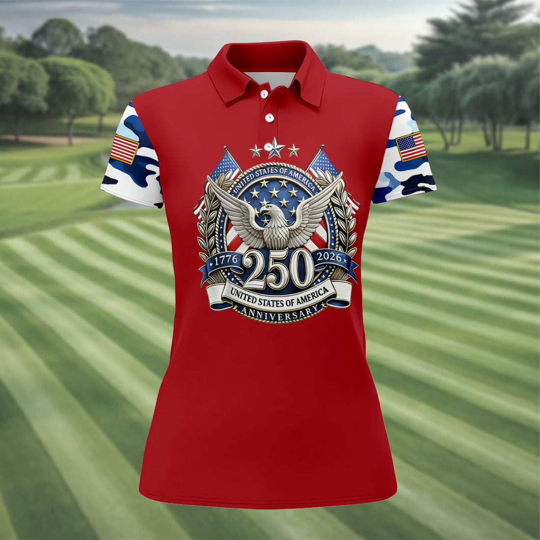 Patriotic Bald Eagle Blue And White Camo Red Golf Shirt, 250th Anniversary Women's Golf Shirts