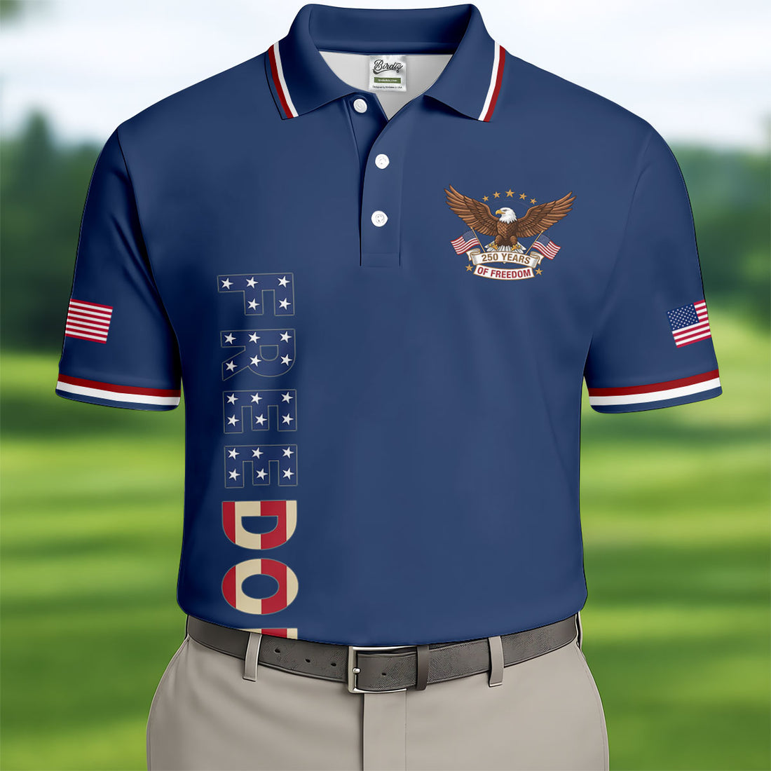 250 Years Of Freedom US Flag Logo Navy Golf Shirt, Patriotic 4th Of July Golf Shirts For Men