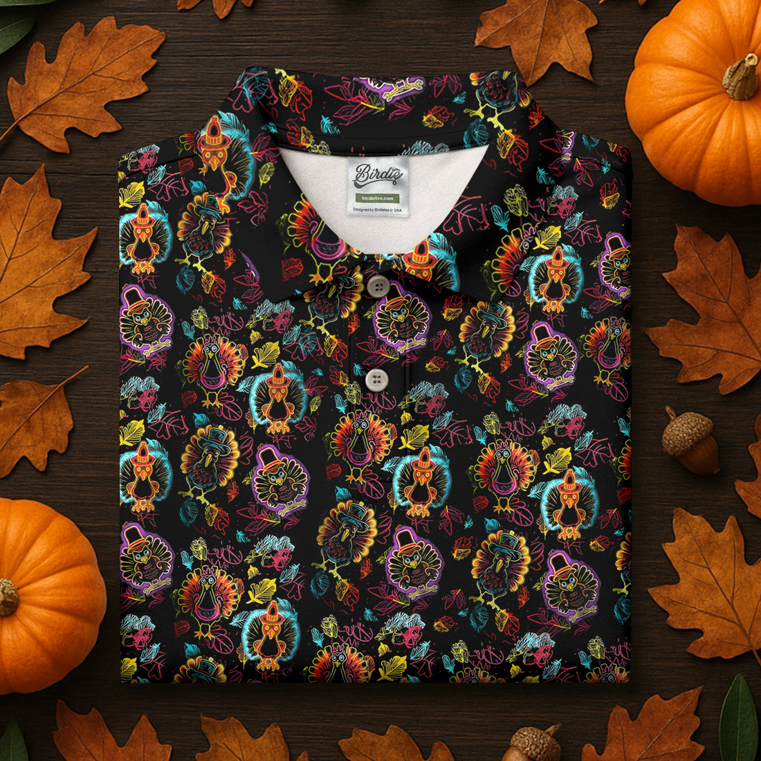 Neon Turkey Thanksgiving Golf Tops For Men, Polo Shirts For Men, Golf Gift For Men, Golfing Apparel