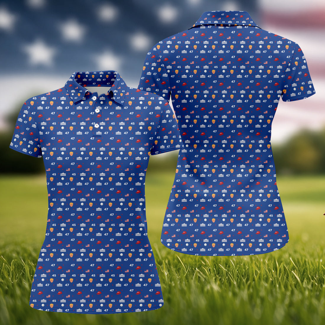 45 47 US Flag Pattern Blue Golf Shirt, Funny Golf Shirt, Women's Golf Tops, Ladies Golf Shirts