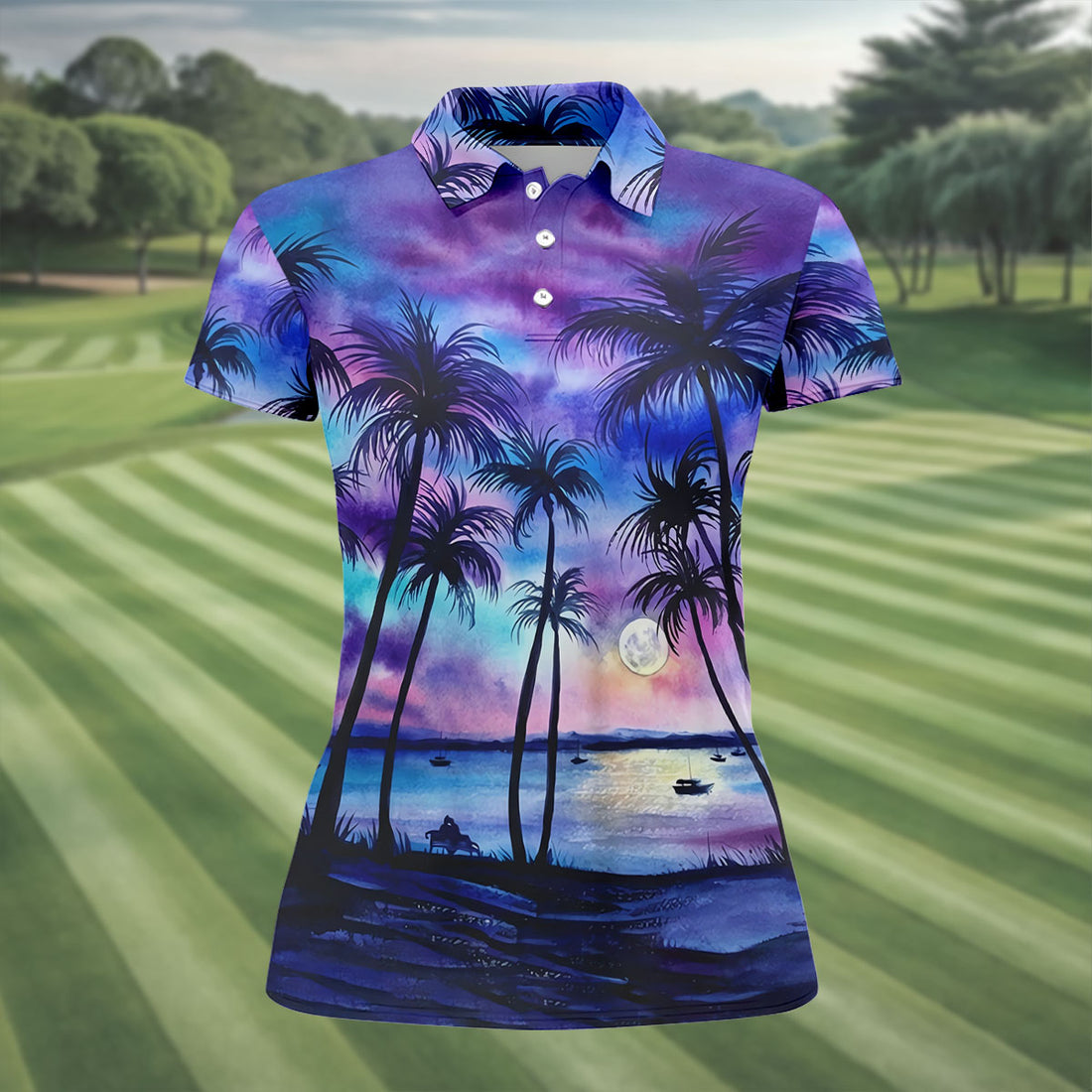Moonlit Tropical Beach Palm Tree Golf Shirt, Women's Golf Shirt, Hawaiian Golf Shirt, Golf Polo For Women