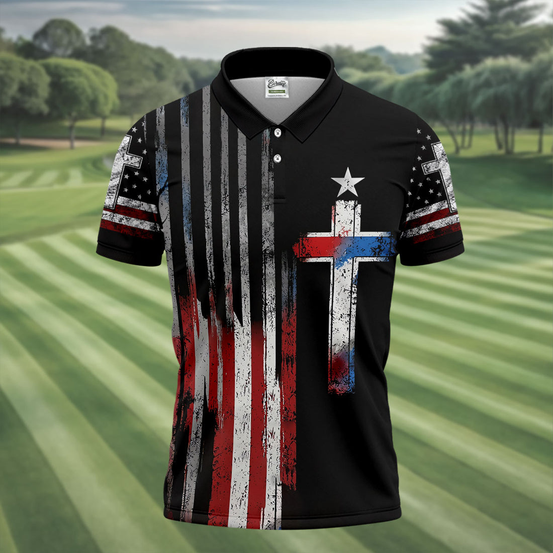 Faith Cross US Flag Golf Shirt, 250 Years Retro Golf Shirt, Patriotic 4th Of July Polo Shirts For Men