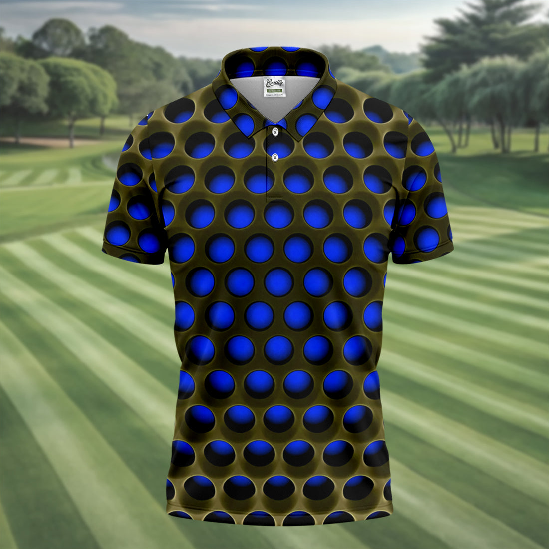 3D Effect Circular Pattern Navy Golf Shirt, Cool Golf Outfit, Men's Funny Golf Shirts, Polo Shirts For Men
