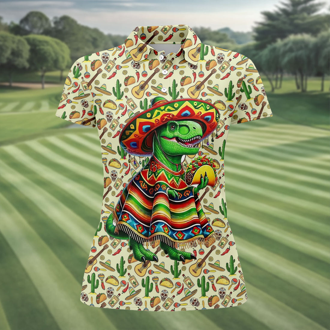 Dinosaur Taco Fiesta Time Ladies Golf Tops, Cinco De Mayo Celebration Golf Shirt For Women
