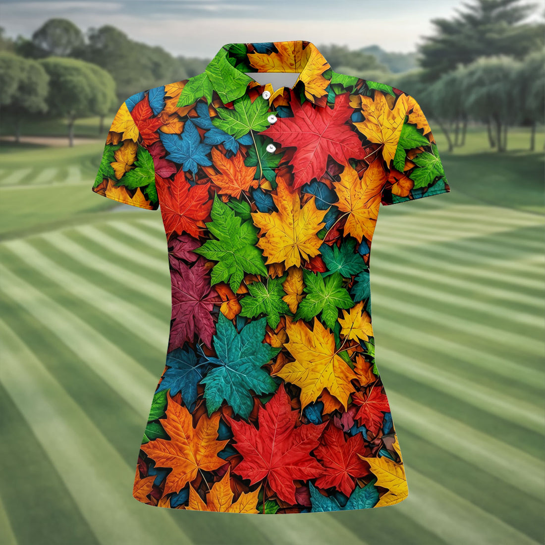 Vibrant Maple Leaf Autumn Forest Hawaiian Golf Polo, Golf Tops For Women, Golfing Apparel
