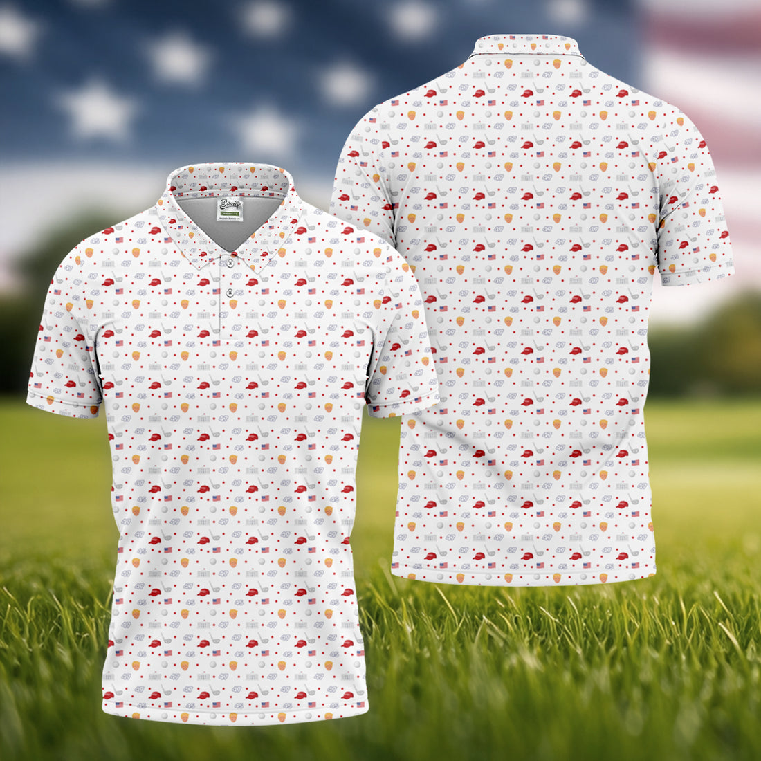 45 47 US Flag Pattern White Golf Shirt, Funny Golf Shirt, Golf Shirts For Men, Golf Gift For Men