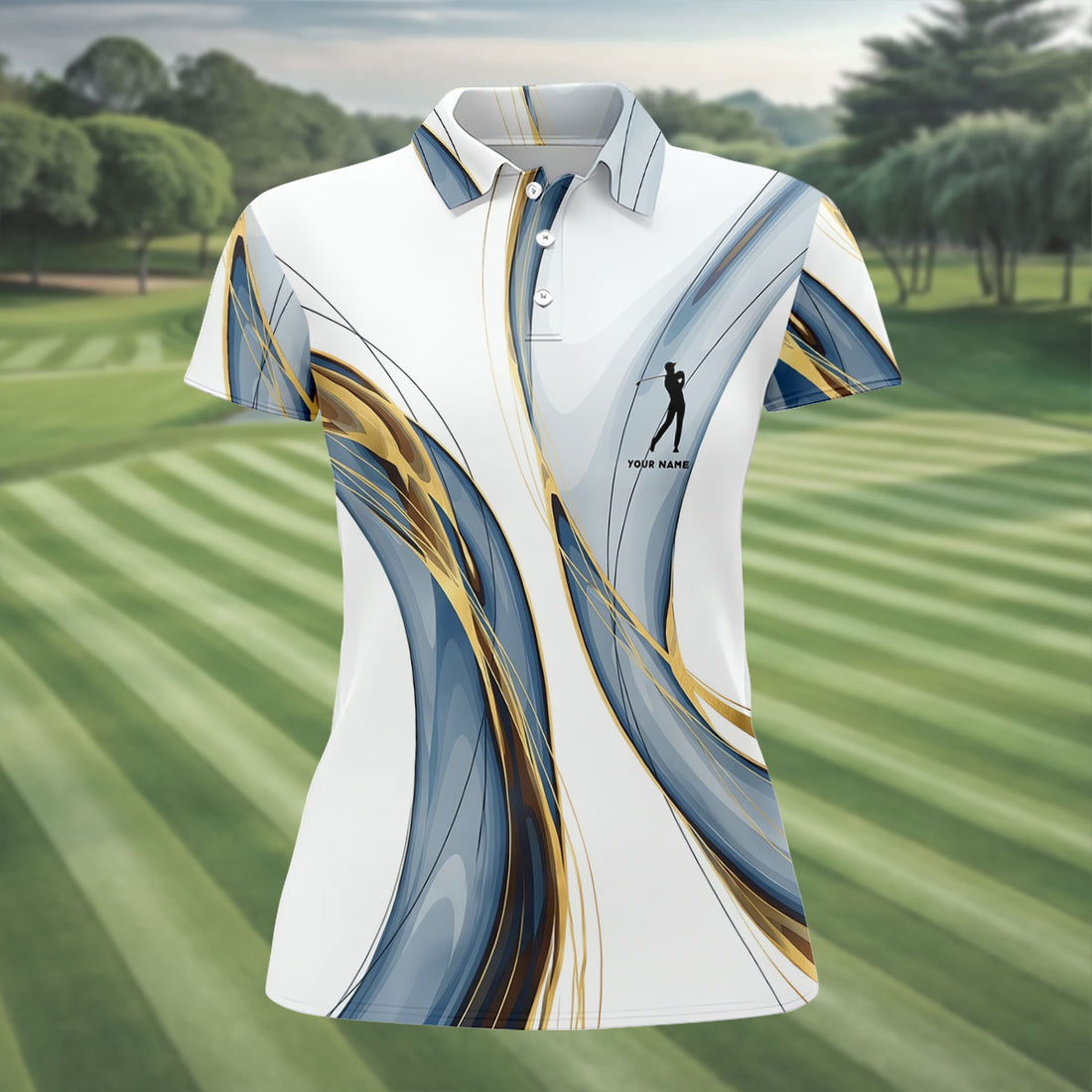 Elegant Blue Gray and Gold Swirl Pattern Hawaiian Golf Polo, Golf Tops For Women, Golfing Apparel