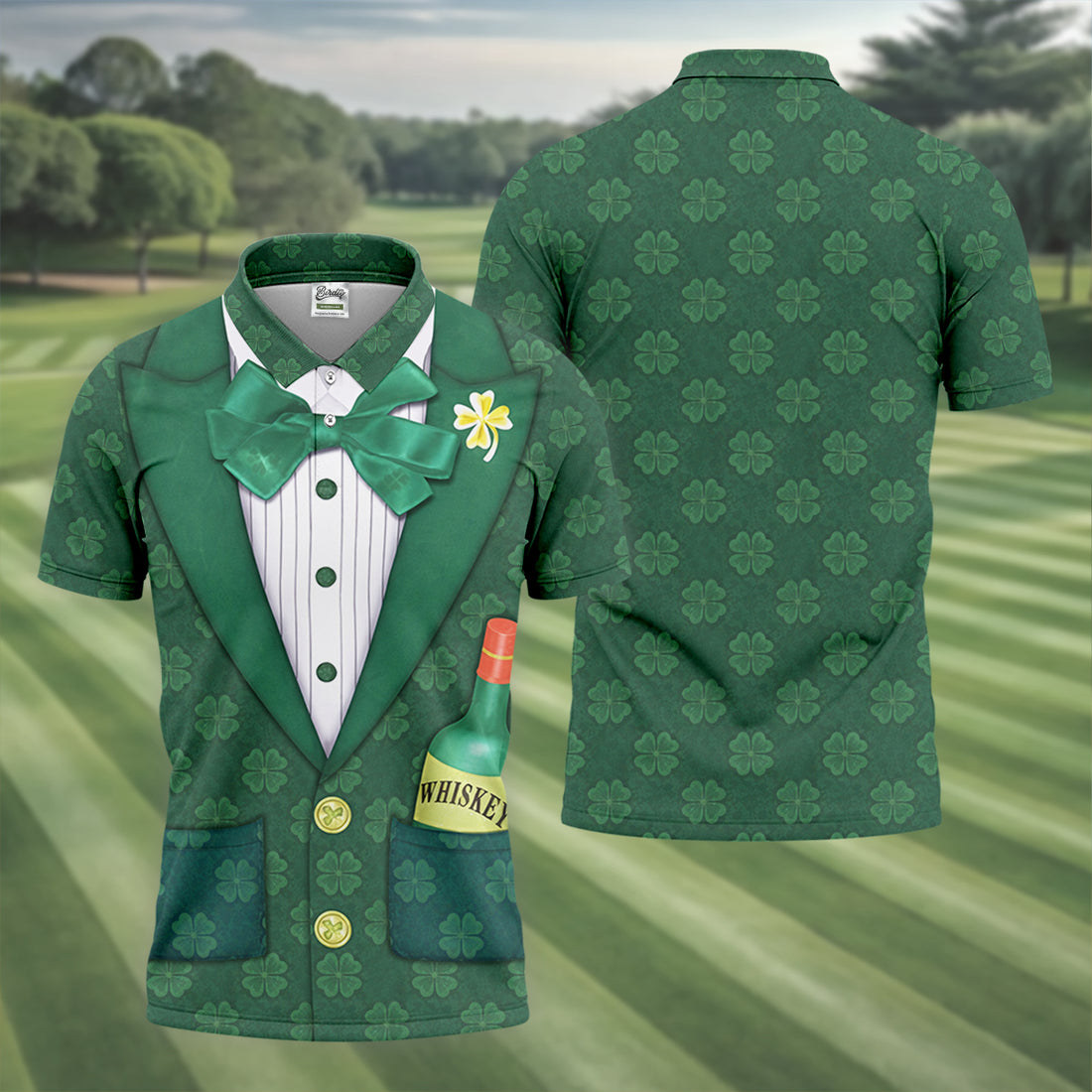 St Patrick's Day Green Shamrock Suit Whiskey Golf Print Golf Shirt, Polo Shirts For Men, Golf Shirts For Men
