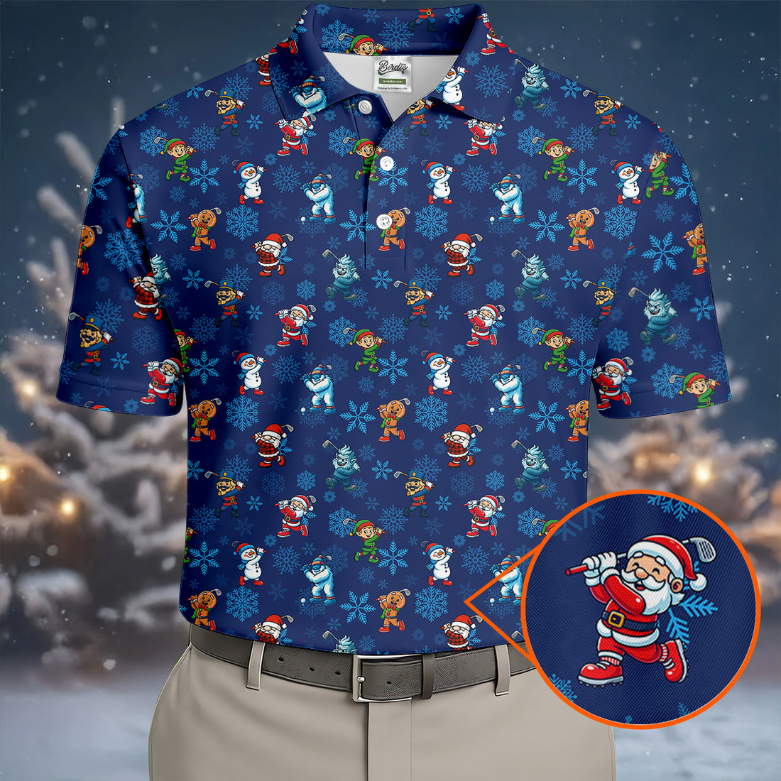 Funny Christmas Characters Golf Pose Navy Golf Shirt, Christmas Golf Shirt, Polo Shirts For Men