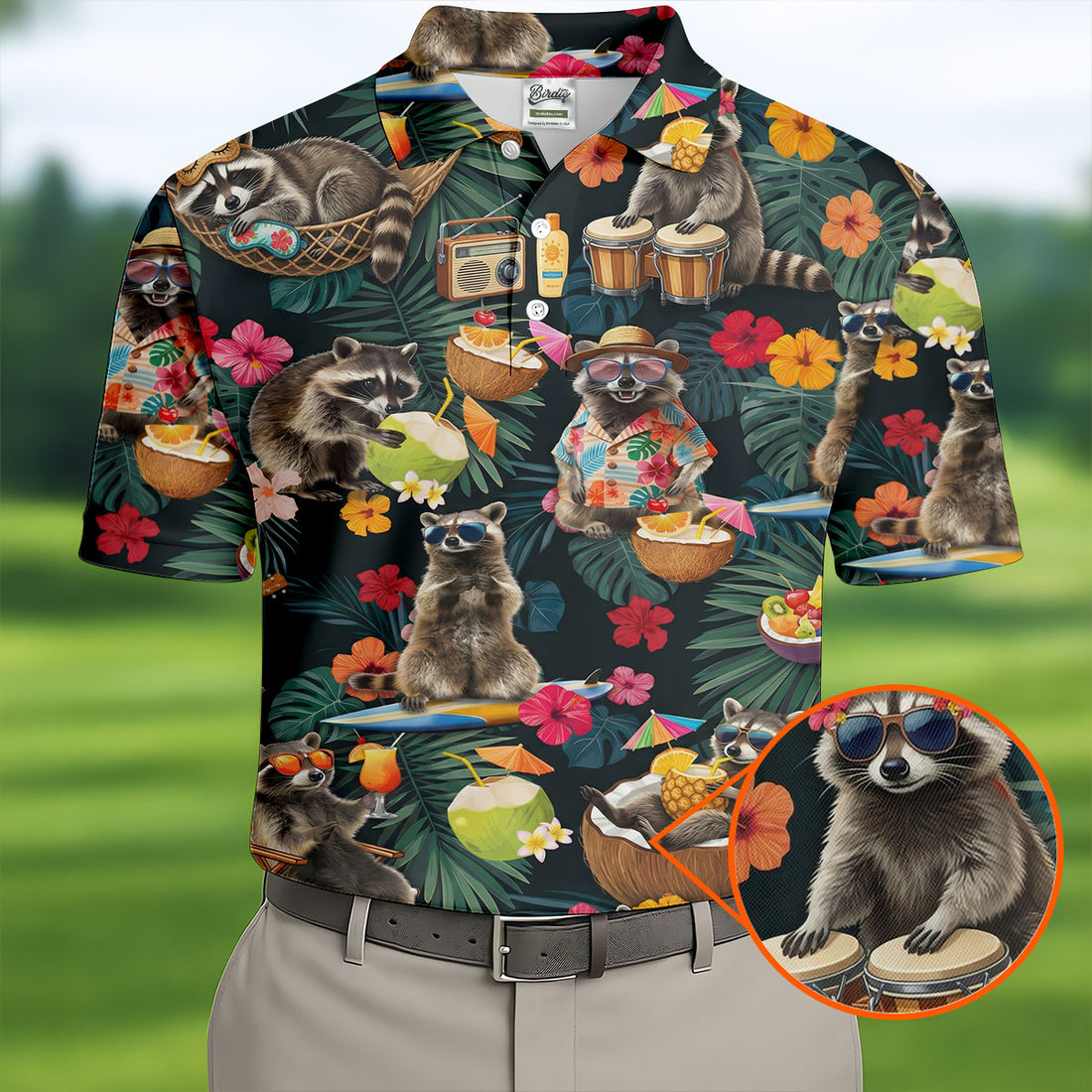 Island Vacation Raccoons with Tropical Florals Design Hawaiian Golf Polo, Golf Tops For Women, Golfing Apparel