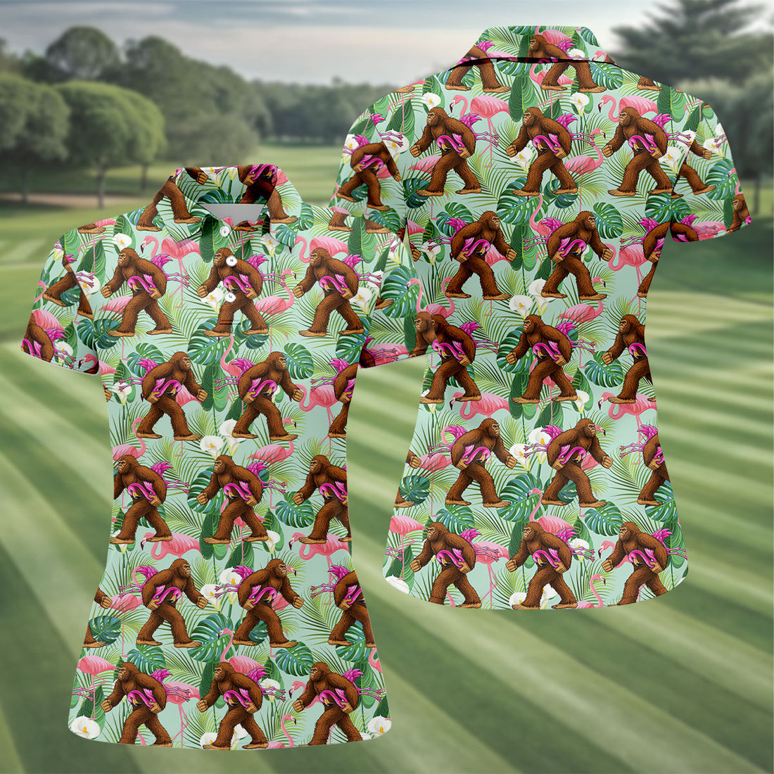 Tropical Sasquatch Paradise with Flamingo Float Hawaiian Golf Polo, Golf Tops For Women, Golfing Apparel