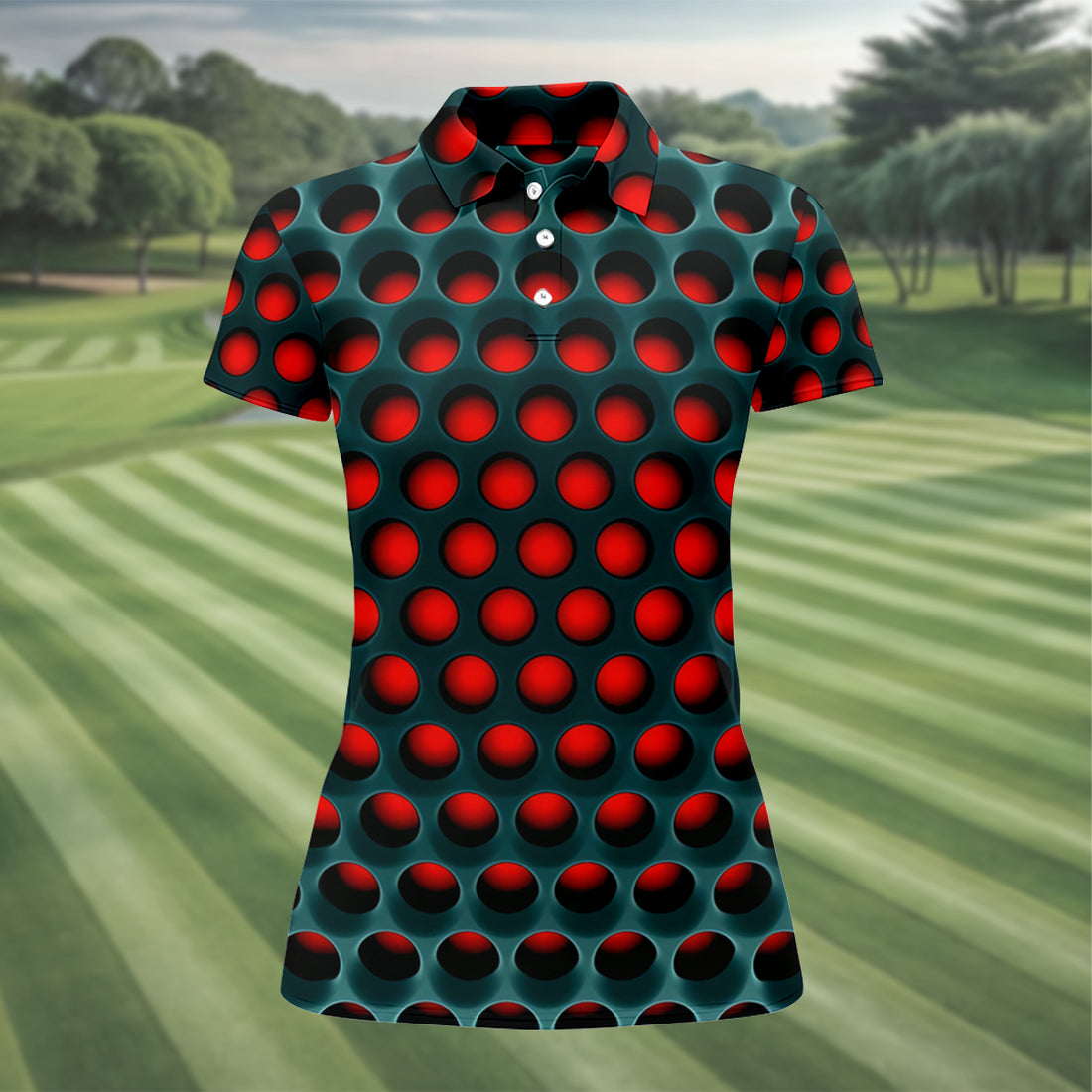 3D Effect Circular Pattern Red Golf Shirt, Cool Golf Outfit, Women Golf Top, Ladies Golf Shirts