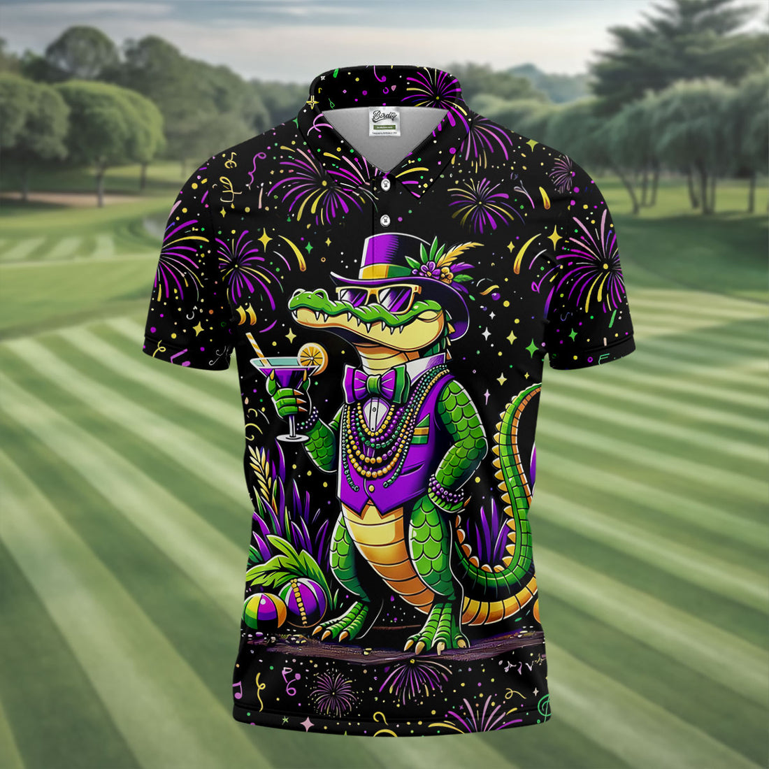 Mardi Gras Aligator Purple Green Gold Confetti Star Golf Tops For Men, Polo Shirts For Men, Golf Shirts For Men
